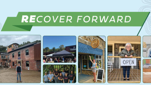 Year in Review 2024: A banner saying Recover Forward is displayed above photos of entrepreneurs and team members post-Helene and during rebuilding