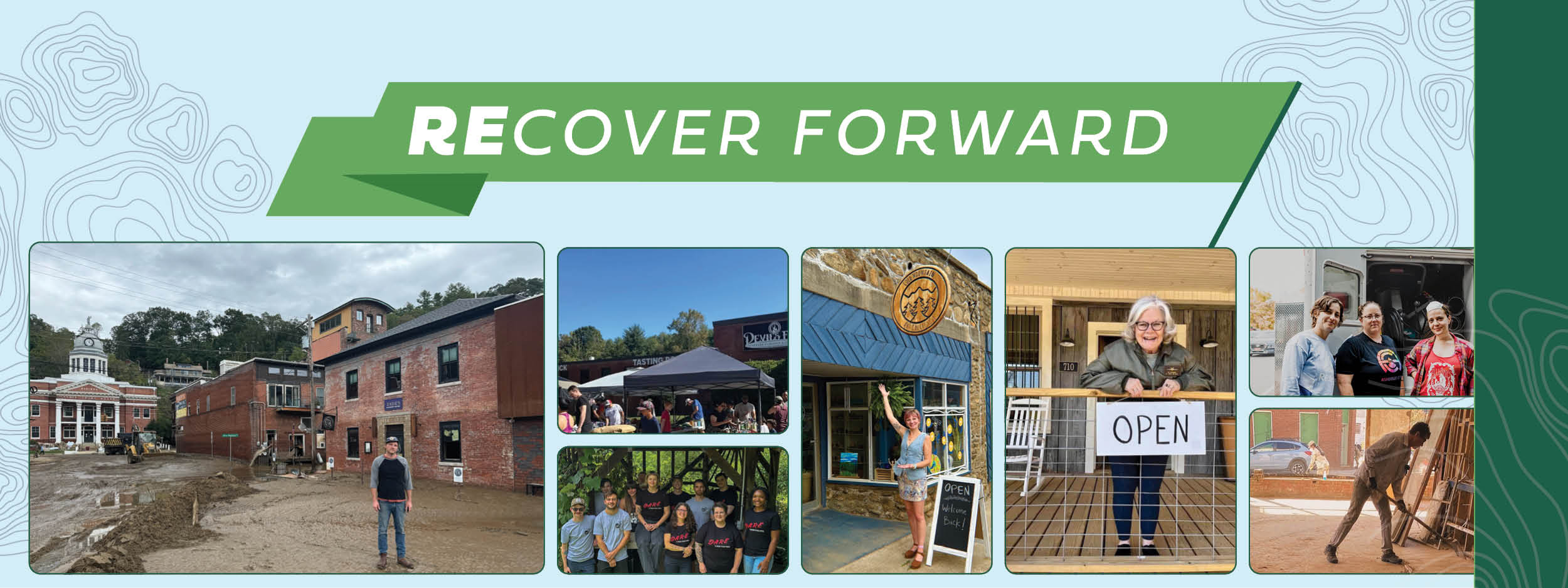 Year in Review 2024: A banner saying Recover Forward is displayed above photos of entrepreneurs and team members post-Helene and during rebuilding