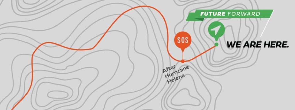 Topographic map graphic with a red line marking a path from ‘After Hurricane Helene’ to an orange SOS point, ending at a green location marker labeled ‘Future Forward: We Are Here.’ Illustration represents the journey of small businesses rebuilding after disaster through Future Forward resilience workshops.