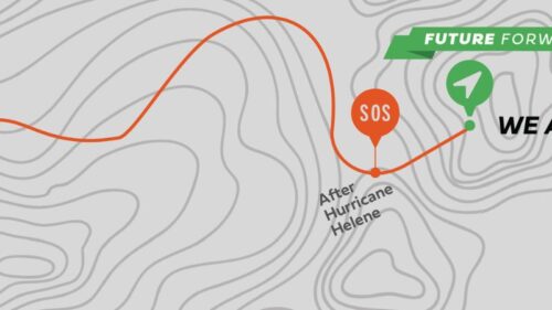 Topographic map graphic with a red line marking a path from ‘After Hurricane Helene’ to an orange SOS point, ending at a green location marker labeled ‘Future Forward: We Are Here.’ Illustration represents the journey of small businesses rebuilding after disaster through Future Forward resilience workshops.